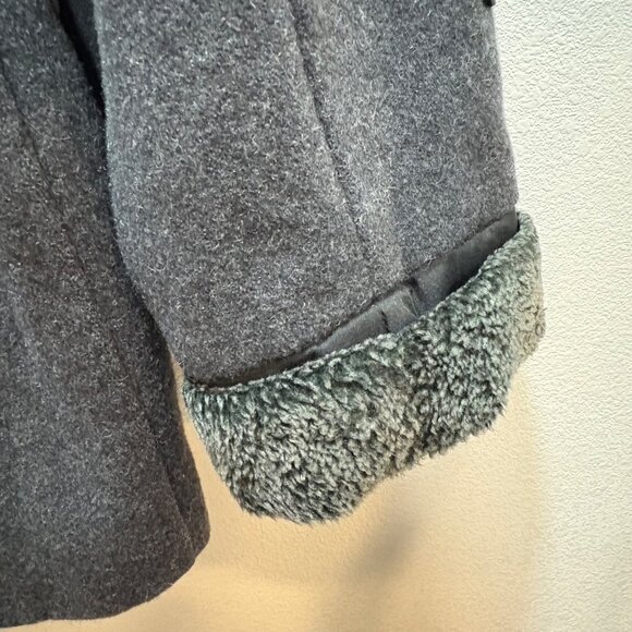 Braetan Womens Double-Breasted Wool Coat Lg Belted Waist Faux Fur Charcoal Gray - Picture 7 of 12